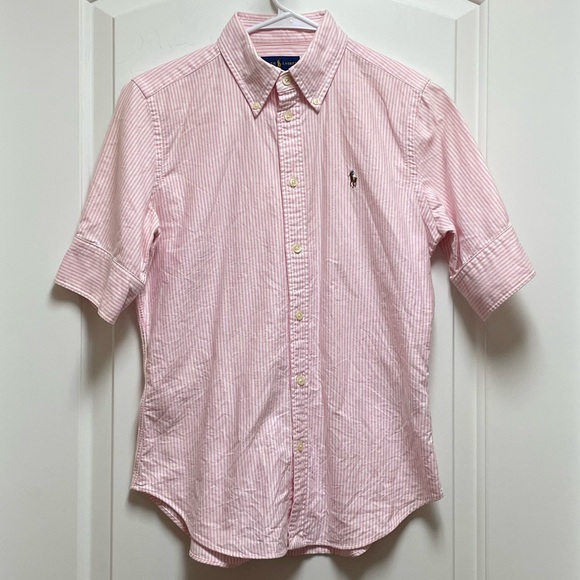 🩷 Vintage Ralph Lauren Sz Small White Pink Stripe Cuffed Button-Down Shirt Y2K - Picture 3 of 10